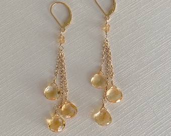 Citrine Earrings Long Dangle, Yellow Citrine Earrings, November Birthstone, Silver, Gold or Rose Gold Filled