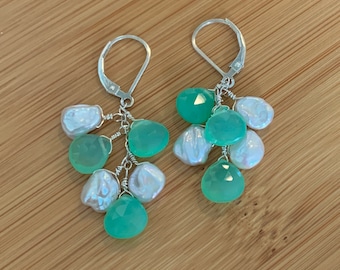 Green Chyrsophase Earrings White Keshi Pearl, Small Dangle, Beach Wedding Jewelry