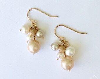 Champagne Freshwater Pearl Earrings, Small Dangle Earrings, Pearl Cluster Earrings