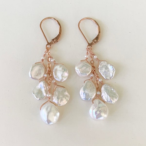 Boucles d'oreilles en perles de keshi blanches, perle d'eau douce, boucles d'oreilles pendantes, leviers en argent, or ou or rose