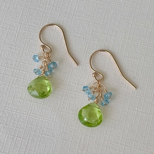 Green Peridot Earrings, Small Dangle, Blue Topaz, August Birthstone Jewelry