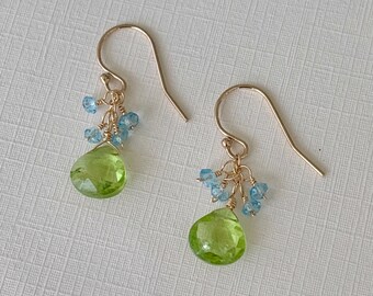 Green Peridot Earrings, Small Dangle, Blue Topaz, August Birthstone Jewelry