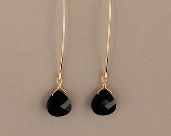 Long Black Teardrop Earring, Silver, Gold or Rose Gold Filled, Long Dangle Earrings, Swarovski Jet Black Crystal Earring
