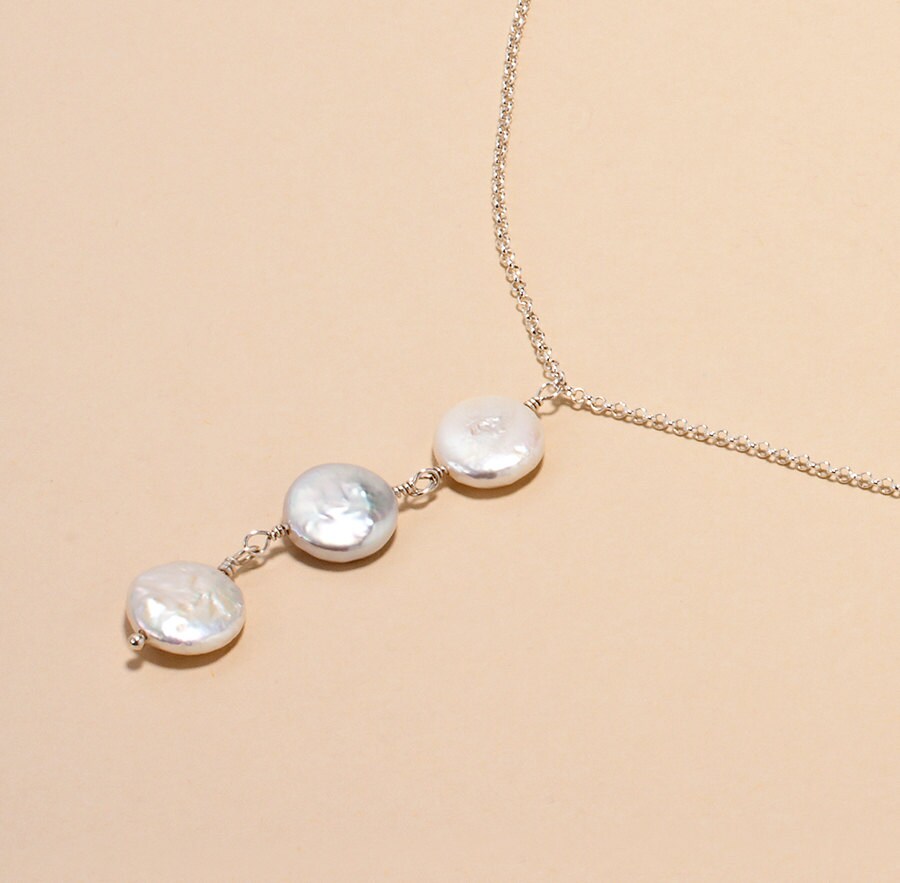 Coin Pearl Necklace, Triple Pearl Necklace, Freshwater Coin