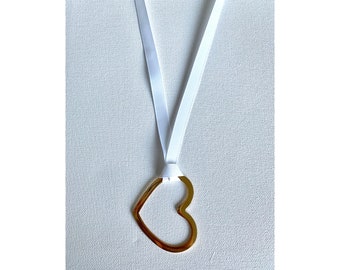 Gold Heart on Grosgrain Ribbon Necklace - White