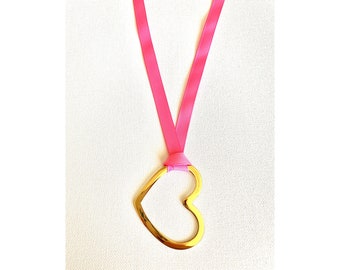 Gold Heart on Grosgrain Ribbon Necklace - Shocking Pink