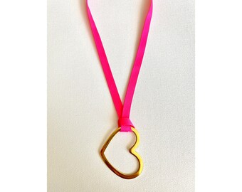 Gold Heart on Grosgrain Ribbon Necklace - Neon Pink