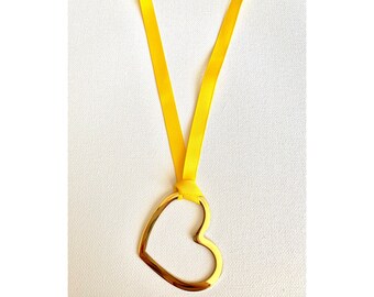 Gold Heart on Grosgrain Ribbon Necklace - Golden Yellow