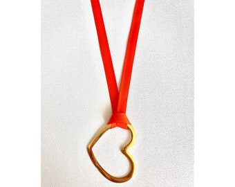 Gold Heart on Grosgrain Ribbon Necklace - Orange