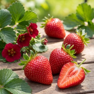Può includere: Primo piano di fragole mature con steli e foglie verdi e fiori rossi. Una fragola è tagliata a metà, rivelando l'interno succoso. Le bacche sono su una superficie di legno, con uno sfondo verde sfocato.