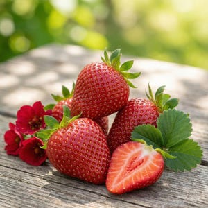 Könnte beinhalten: Nahaufnahme von reifen Erdbeeren mit grünen Blättern und roten Blüten auf einer verwitterten Holzoberfläche. Eine Erdbeere ist halbiert und zeigt ihr saftiges Inneres. Die Beeren sind leuchtend rot.