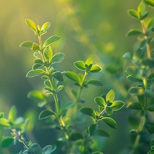 May include: Close-up of a green plant with small, delicate leaves. The leaves are illuminated by the warm glow of the sun, creating a soft, natural background.
