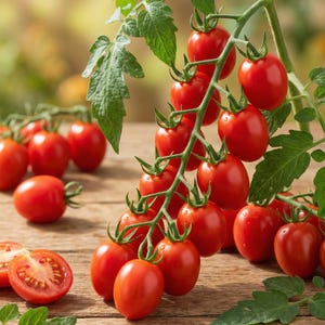 Puede incluir: Primer plano de tomates cherry rojos maduros en la vid, con hojas verdes. Algunos tomates están sueltos sobre una superficie de madera, y uno está cortado por la mitad, revelando el interior.