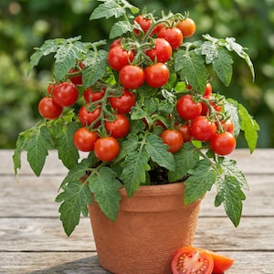 Peut inclure: Un plant de tomates en pot avec des tomates cerises rouges. Les feuilles sont vertes et le pot est en terre cuite. Deux moitiés de tomates sont sur une surface en bois.