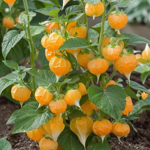 Könnte beinhalten: Nahaufnahme einer Pflanze mit vielen orangefarbenen Lampions, auch bekannt als Chinesische Lampions, die darauf wachsen. Die Pflanze befindet sich in einem Garten mit braunem Boden.