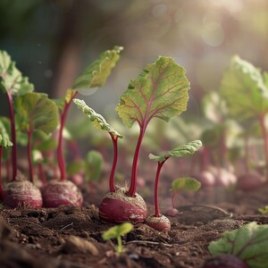Puede incluir: Primer plano de un campo de plantas de remolacha roja con hojas verdes que crecen en un suelo marrón rico. Las remolachas son visibles sobre el suelo.