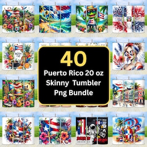 May include: A collection of 40 Puerto Rico-themed 20 oz skinny tumbler designs. The tumblers feature vibrant illustrations of the Puerto Rican flag, tropical scenes, and cultural elements. The text "40 Puerto Rico 20 oz Skinny Tumbler Png Bundle" is displayed.