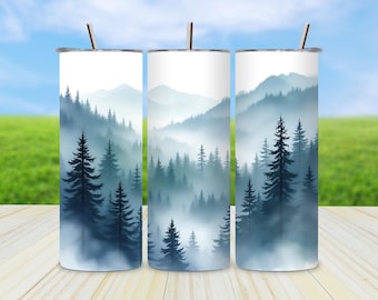 Misty Pine Forest Tumbler Wrap, Mountain Camping Tumbler, Sublimation 20 oz Skinny, Instant PNG, Nature Tumbler for Him