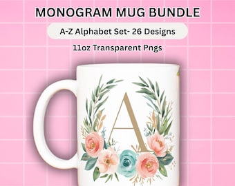 Blommigt Boho Monogram Alfabet Muggomslagspaket Sublimeringsdesignmall 11 oz & 15oz Initialer Personliga Mallar