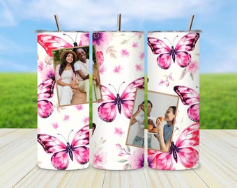 May include: A set of three stainless steel tumblers with a butterfly and floral design. Each tumbler features a different photo of people. The butterflies are pink and the flowers are pink and purple.