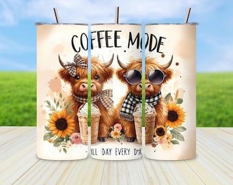 コーヒー アディクト タンブラー ラップ、ハイランド カウ タンブラー デザイン、コーヒー タンブラー ラップ、昇華デザイン、デジタル ダウンロード、スキニー 20 オンス タンブラー ラップ**