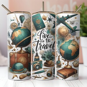 Colorful World Traveler tumbler wrap PNG for 20oz skinny tumblers, featuring a vibrant girls trip sublimation design with vacation, adventure, and travel-themed graphics. Perfect for sublimation crafters creating custom gifts or products for travel lovers and globetrotting friends.
