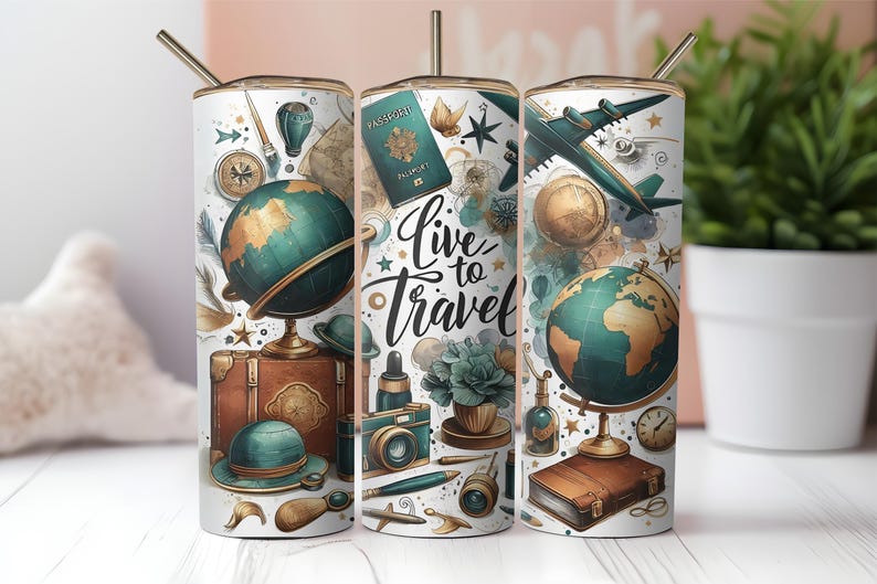 Colorful World Traveler tumbler wrap PNG for 20oz skinny tumblers, featuring a vibrant girls trip sublimation design with vacation, adventure, and travel-themed graphics. Perfect for sublimation crafters creating custom gifts or products for travel lovers and globetrotting friends.