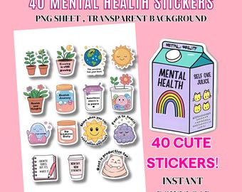 40 Mentale Gesundheit Aufkleber PNG, niedliche Self-Care-Positivität Designs für Grafik-Shirts, Tassen, Tragetaschen, Druck, Sammelalben, Zeitschriften usw.