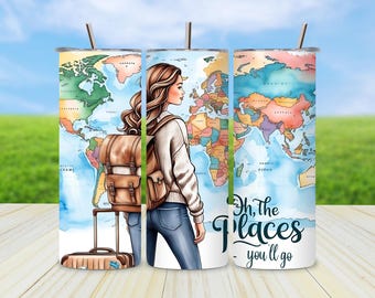 Envoltorio para vaso "Oh The Places You'll Go", envoltorio para vaso de viaje, envoltorio para vaso de acuarela, vaso de sublimación PNG de 20 oz, diseño sin costuras