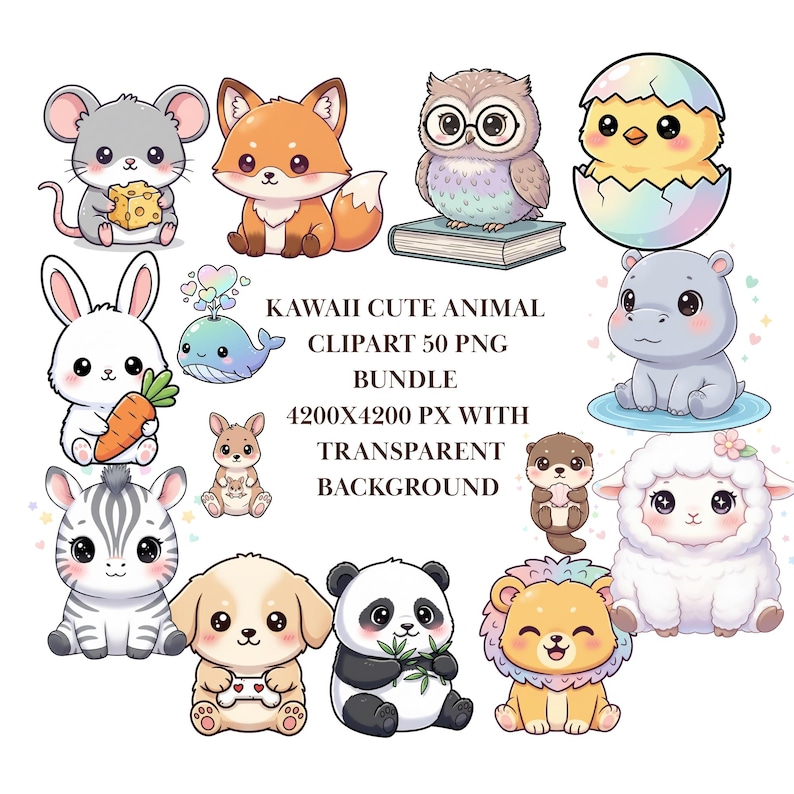 Kawaii Animal Clipart Bundle, Cute Animal Pngs, 300 DPI Transparent PNG ...