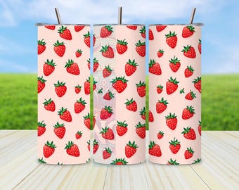 Strawberry Tumbler Wrap, Pink Strawberry Sublimation Wrap, 20 oz Tumbler PNG, Girly Doodle Tumbler Wrap, Cute Fruit Tumbler Design