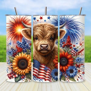 Patriotic Highland Cow Tumbler Sublimation Design, 4th of July 20oz Skinny Tumbler, Digital PNG Download for Tumbler Wrap