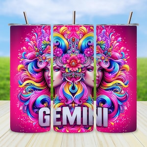 Puede incluir: Un vaso de acero inoxidable rosa con una ilustración colorida del signo zodiacal Géminis. El diseño presenta a una mujer con el pelo suelto y flores, con la palabra "GEMINI" en letras blancas grandes.