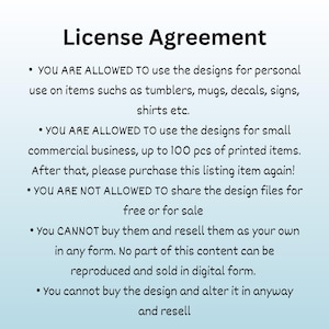 May include: A digital license agreement with black text on a light blue background. The text details the permitted uses of designs, including personal and small business, and restrictions on resale and alteration.