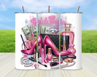 Bad and Boujee 20 oz Skinny Tumbler Sublimation Design PNG, Pink Glam Heels & Makeup, Luxury Digital Download, Instant PNG File for Printing