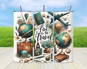 May include: Three white travel tumblers with a colorful design featuring globes, airplanes, suitcases, and the text "Live to Travel".