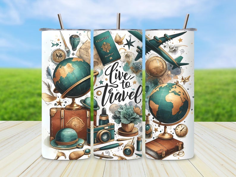 Colorful World Traveler tumbler wrap PNG for 20oz skinny tumblers, featuring a vibrant girls trip sublimation design with vacation, adventure, and travel-themed graphics. Perfect for sublimation crafters creating custom gifts or products for travel lovers and globetrotting friends.