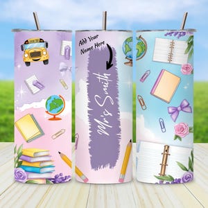 Teacher school tumbler wrap png, purple coquette design, custom name sublimation, 20oz skinny wrap, digital teacher png