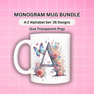 Può includere: Tazza in ceramica bianca con la lettera "A" decorata con farfalle e fiori. La tazza ha un manico e il testo "MONOGRAM MUG BUNDLE" e "A-Z Alphabet Set- 26 Designs" è visualizzato. La tazza contiene 325 ml.