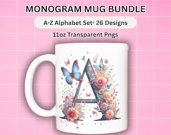 Fjärilsmonogram Alfabet Muggomslag Sublimeringsdesigner Blommig Muggmall 11 oz Design Initialer Personliga Mallar Blommig Muggpaket