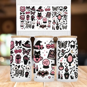 Pink Halloween Glass Can Wrap , Coquette Autumn Boho Libbey Can Design , Fall Pattern Spooky Glass Cup Wrap , Halloween Gift Jar PNG