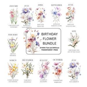 May include: A digital art print featuring watercolor illustrations of various flowers, each labeled with a month and flower name. The central text reads "BIRTHDAY FLOWER BUNDLE" with details about the included PNGs.