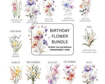Birthday Flower PNG bundle, Birth Month Flowers Clipart, DIY Birth Month Flower Print Creator Kit, Botanical Clipart, Customize With Names