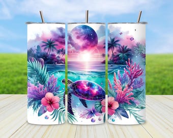May include: Three stainless steel tumblers with a colorful design featuring a galaxy turtle, palm trees, and coral. The tumblers have a white background and are perfect for holding beverages.