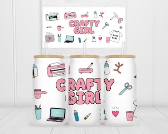 Crafty Girl Glass Can Wrap, Crafty Libbey PNG, 16oz Glass Can Wrap, Small Business PNG, Craft PNG Design, Libby Tumbler Digital Download