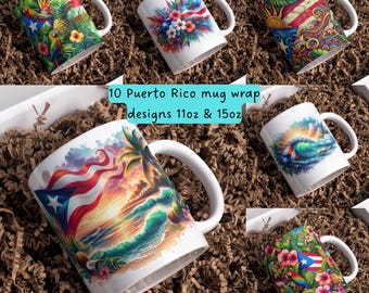 Puerto Rico Boricua  Flag PNG 11oz & 15oz Mug Wrap 10 Bundle, PR Tumbler Wraps Instant Download