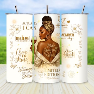 Love Yourself Black Woman Tumbler Wrap PNG, 20 oz Skinny Sublimation Design with Positive Affirmations, Self Love Gift Download