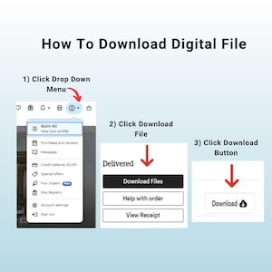 May include: A guide on how to download a digital file, with numbered steps and arrows. The steps include clicking a drop-down menu, clicking the download file button, and clicking the download button.