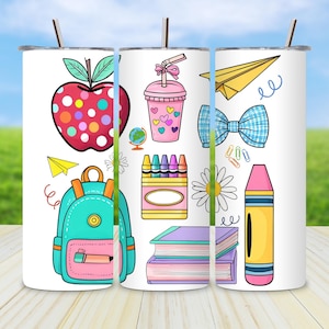 Cute Teacher Tumbler Wrap PNG, 20oz Skinny Sublimation Design with Coffee, Books & Supplies, Back to School Teacher PNG Download
