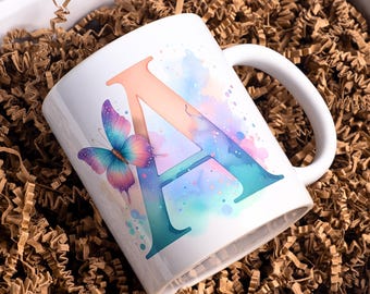 Tazza con monogramma a farfalla, alfabeto, design a sublimazione, modello per tazza floreale da 11 once, iniziali personalizzate da 15 once, modelli per tazza floreale
